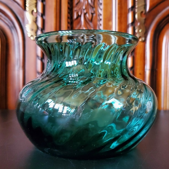Vntg 5" Peacock Turquoise Optic Swirl Squat Vase - Picture 2 of 13